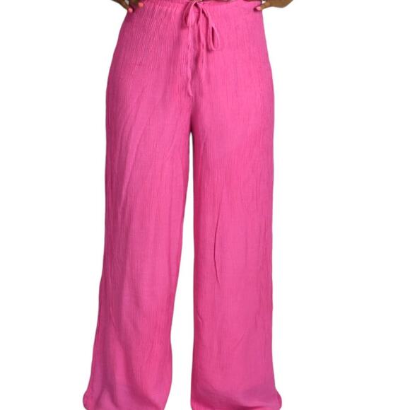 Lulus Pink Palazzo Pants Wide Leg Elastic Waist Crinkled Gauzy Rayon Size Medium - Picture 1 of 13